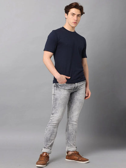 Silisoul Navy Blue Regular Fit Cotton Short Sleeves T-Shirt