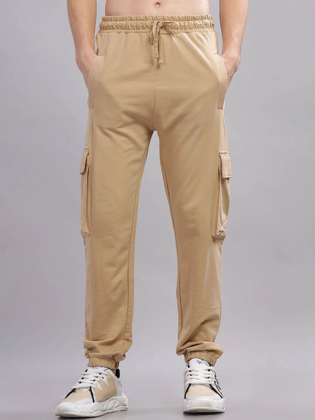 Silisoul Beige Regular Fit Cotton Mid-Rise Drawstring Trousers