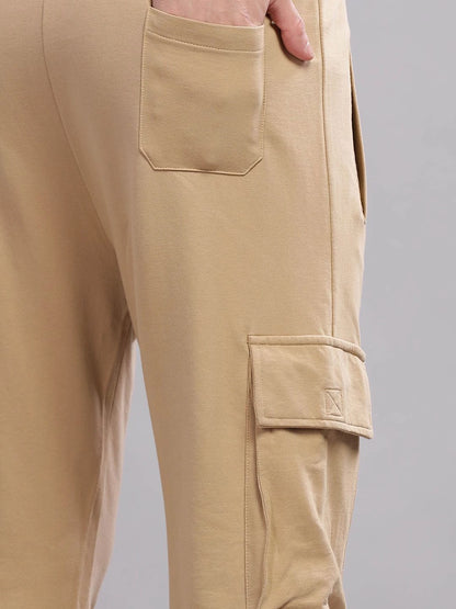 Silisoul Beige Regular Fit Cotton Mid-Rise Drawstring Trousers