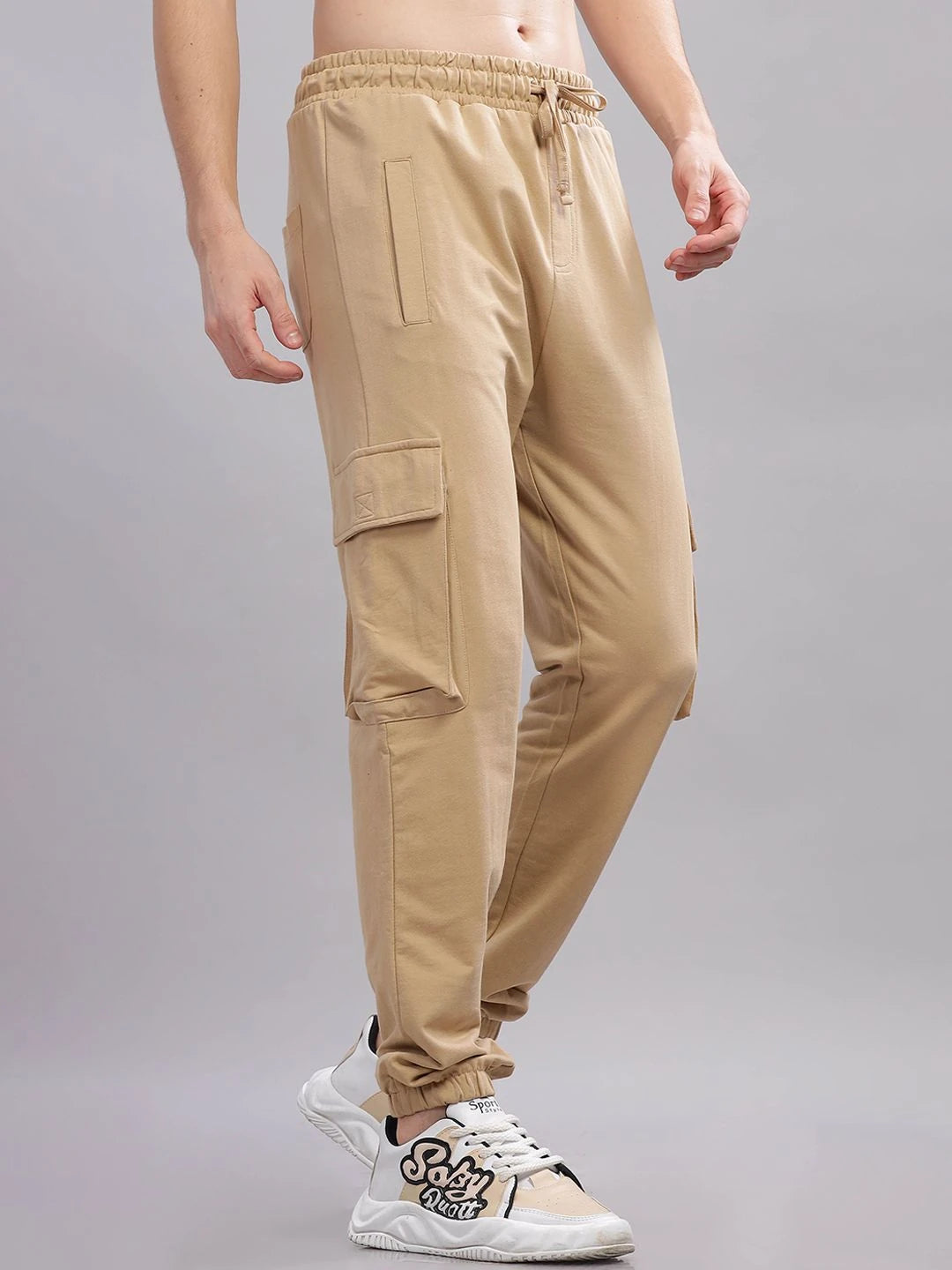 Silisoul Beige Regular Fit Cotton Mid-Rise Drawstring Trousers