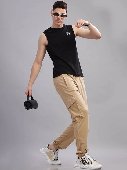 Silisoul Beige Regular Fit Cotton Mid-Rise Drawstring Trousers