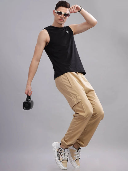 Silisoul Beige Regular Fit Cotton Mid-Rise Drawstring Trousers