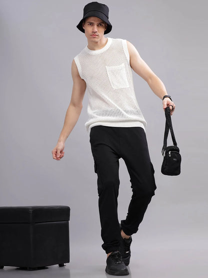 Silisoul Black Regular Fit Cotton Mid-Rise Drawstring Knitted Trousers