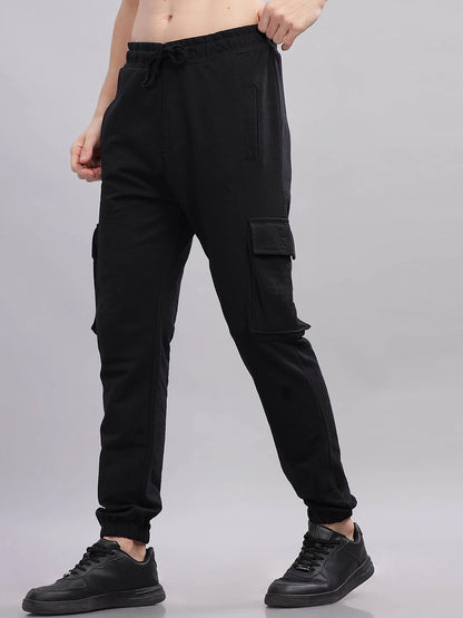 Silisoul Black Regular Fit Cotton Mid-Rise Drawstring Knitted Trousers