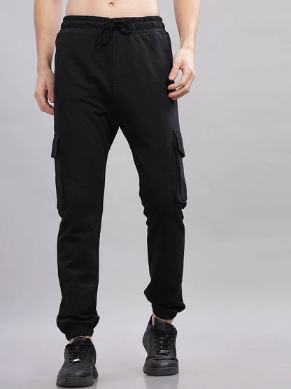 Silisoul Black Regular Fit Cotton Mid-Rise Drawstring Knitted Trousers