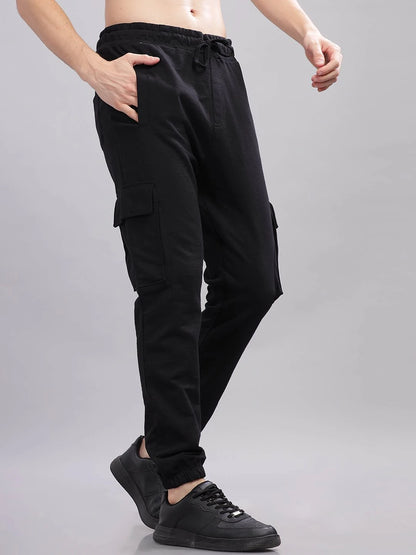 Silisoul Black Regular Fit Cotton Mid-Rise Drawstring Knitted Trousers
