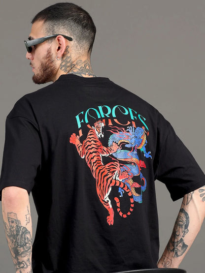 Silisoul Black Oversized Fit Graphic Print Cotton Round Neck T-Shirt