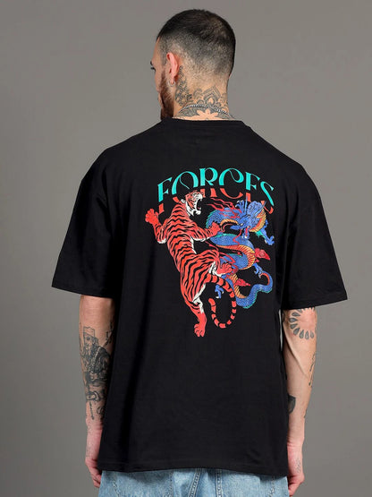 Silisoul Black Oversized Fit Graphic Print Cotton Round Neck T-Shirt