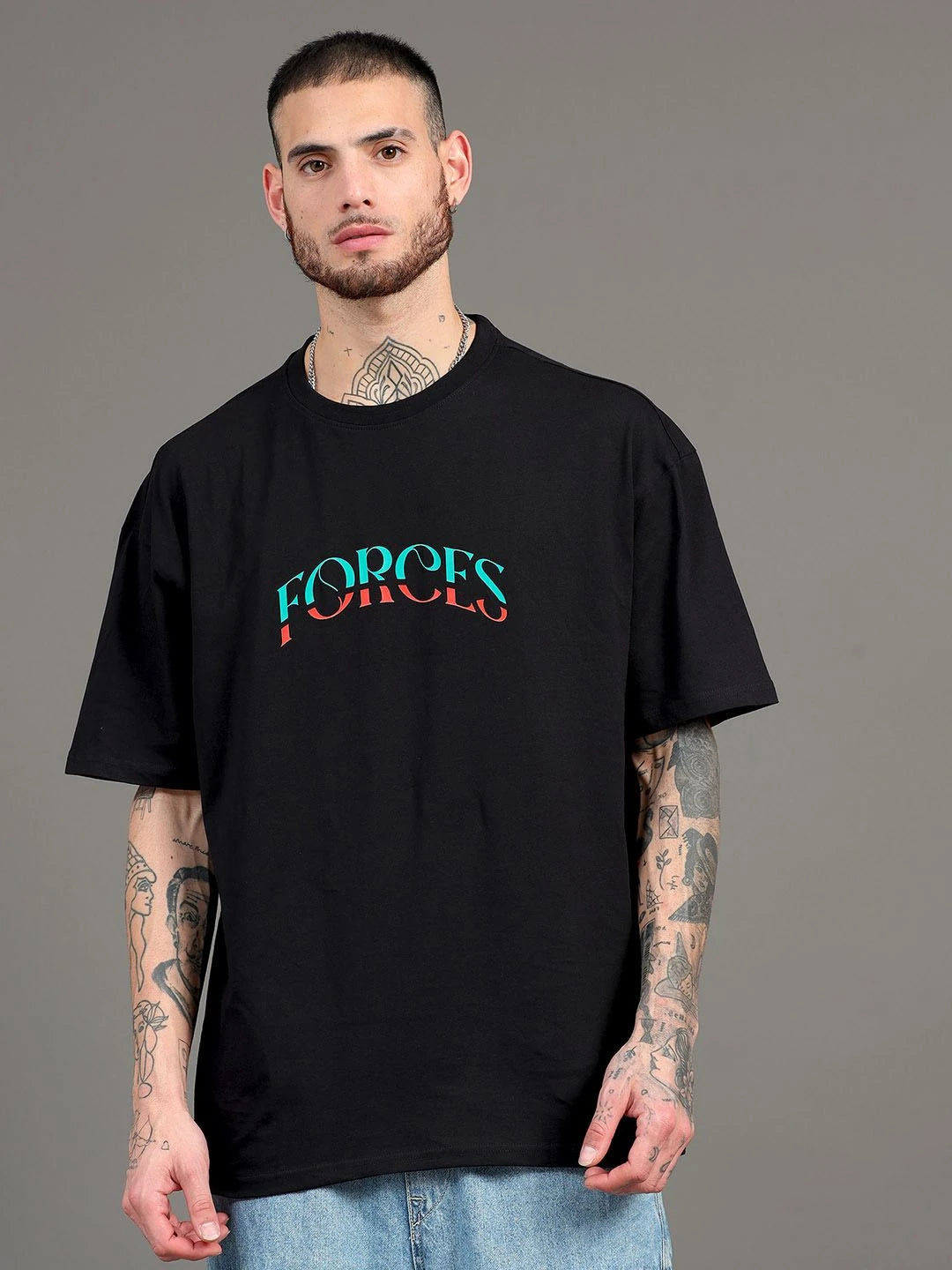 Silisoul Black Oversized Fit Graphic Print Cotton Round Neck T-Shirt