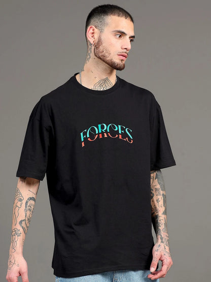 Silisoul Black Oversized Fit Graphic Print Cotton Round Neck T-Shirt