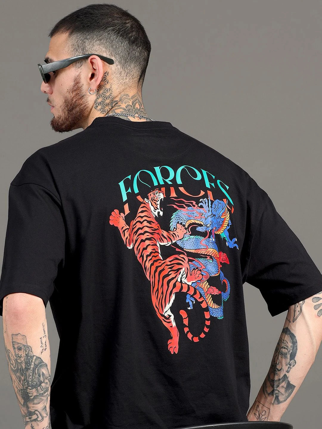 Silisoul Black Oversized Fit Graphic Print Cotton Round Neck T-Shirt