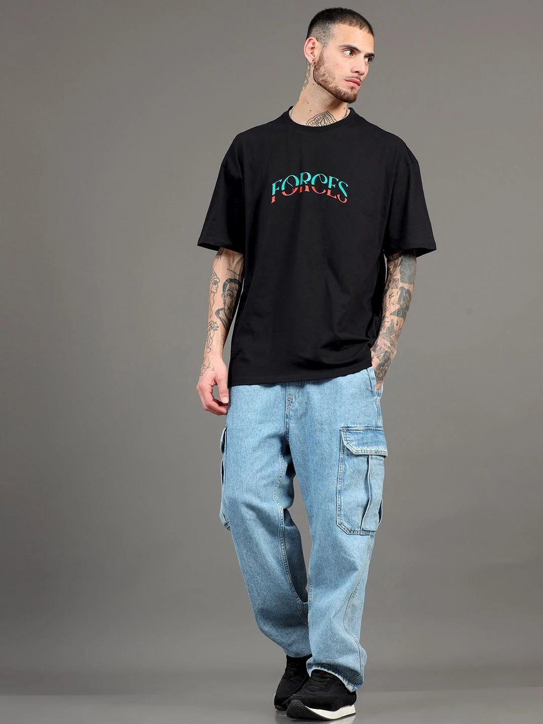 Silisoul Black Oversized Fit Graphic Print Cotton Round Neck T-Shirt