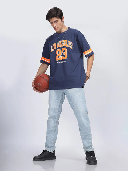 Silisoul Navy Blue Oversized Fit Typography Print T-Shirt