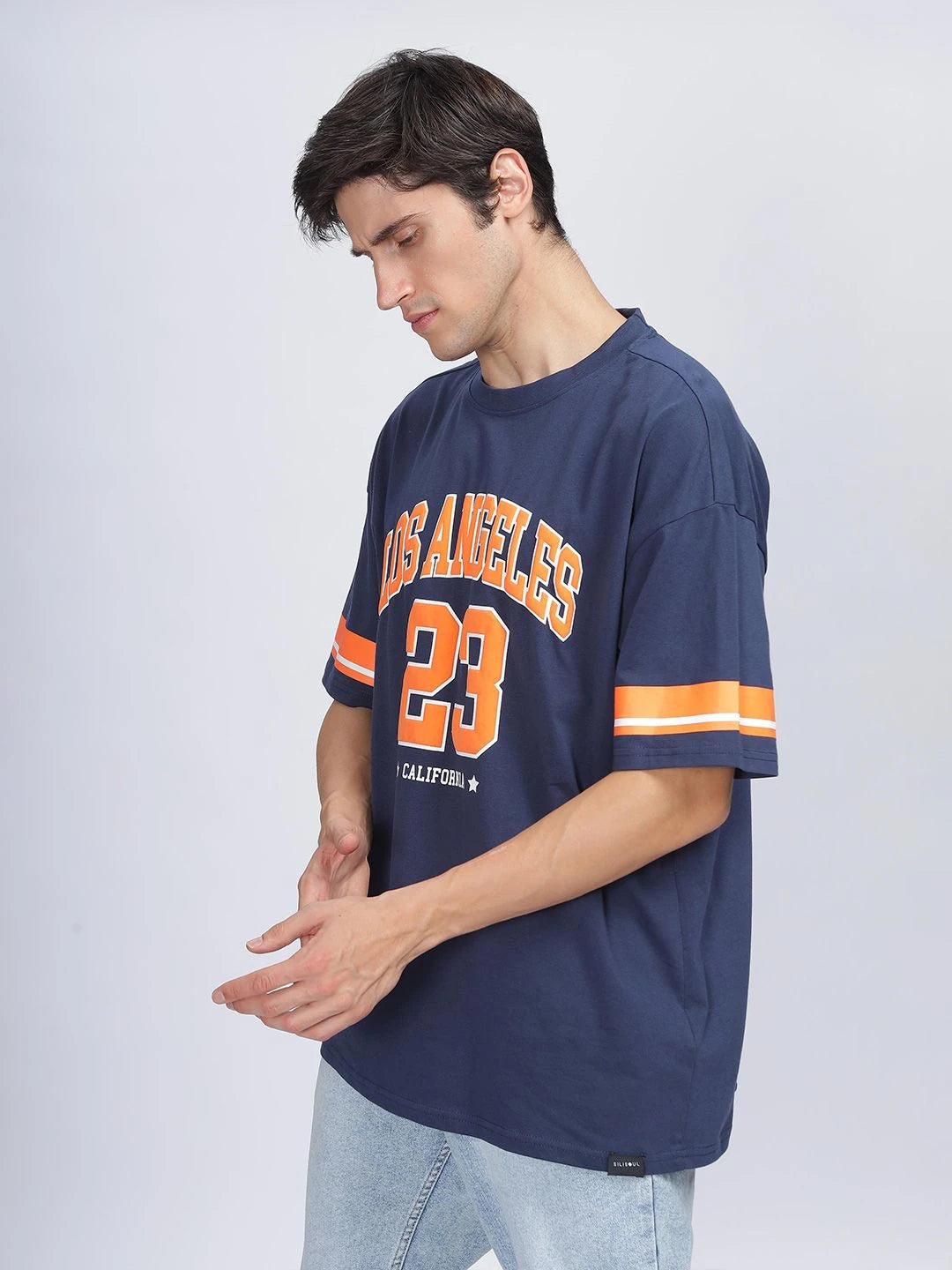 Silisoul Navy Blue Oversized Fit Typography Print T-Shirt