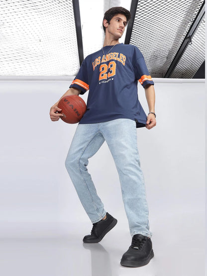 Silisoul Navy Blue Oversized Fit Typography Print T-Shirt