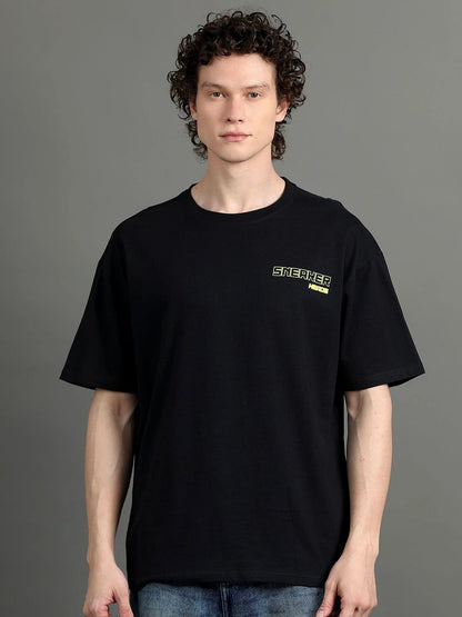 Silisoul Black Oversized Fit Typography Print Cotton T-Shirt