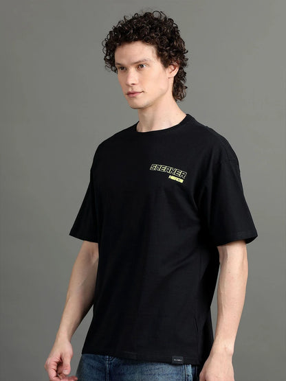 Silisoul Black Oversized Fit Typography Print Cotton T-Shirt