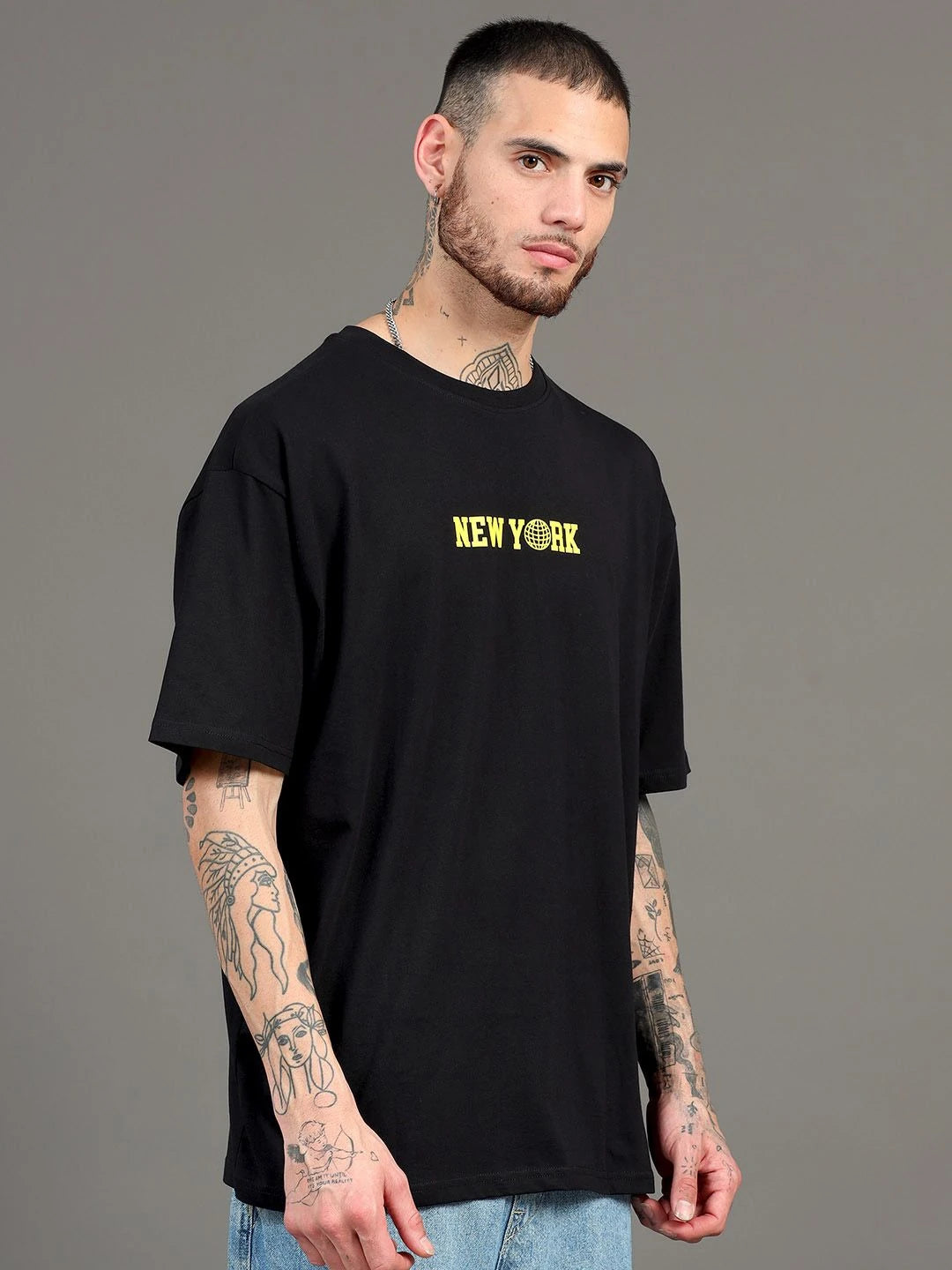 Silisoul Black Oversized Fit Graphic Print Cotton Short Sleeves T-Shirt