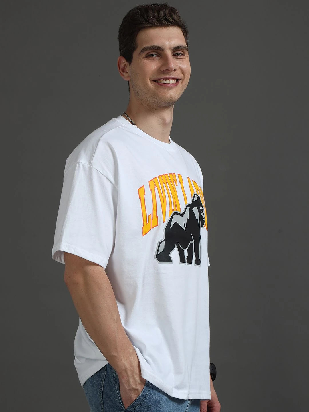 Silisoul White Oversized Fit Graphic Print Pure Cotton T-Shirt