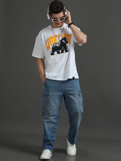 Silisoul White Oversized Fit Graphic Print Pure Cotton T-Shirt