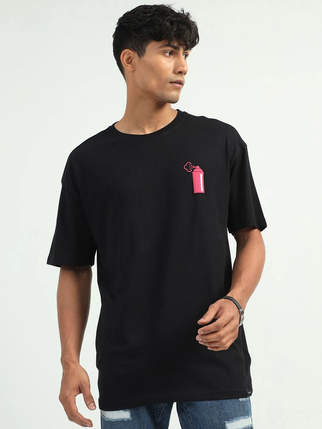Silisoul Black Oversized Fit Graphic Print Pure Cotton T-Shirt