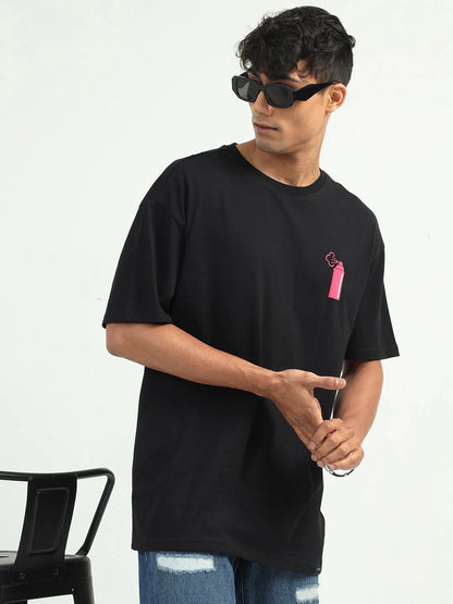 Silisoul Black Oversized Fit Graphic Print Pure Cotton T-Shirt