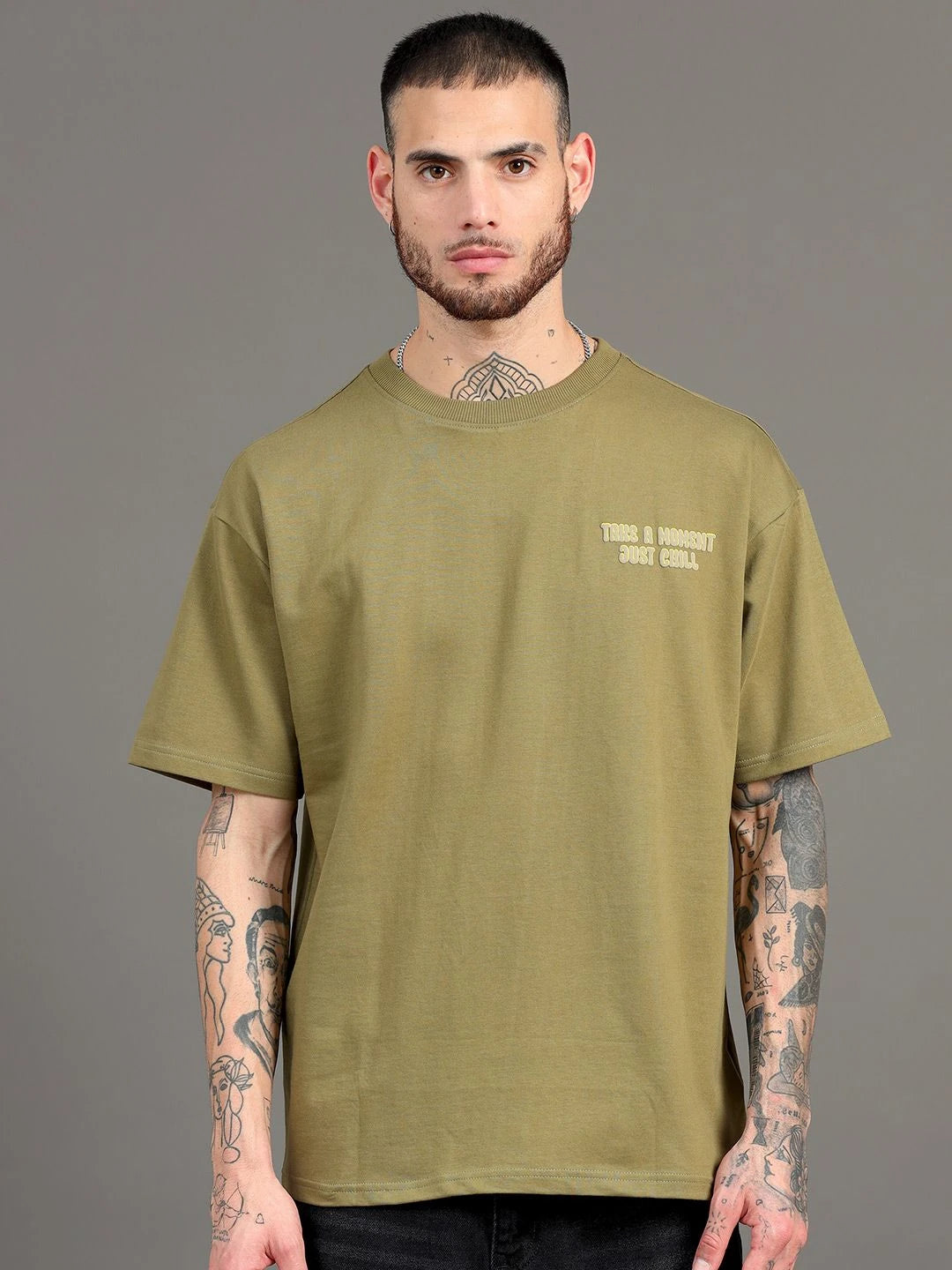 Silisoul Olive Oversized Fit Graphic Print Pure Cotton T-Shirt