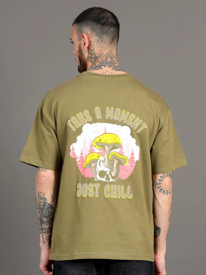Silisoul Olive Oversized Fit Graphic Print Pure Cotton T-Shirt
