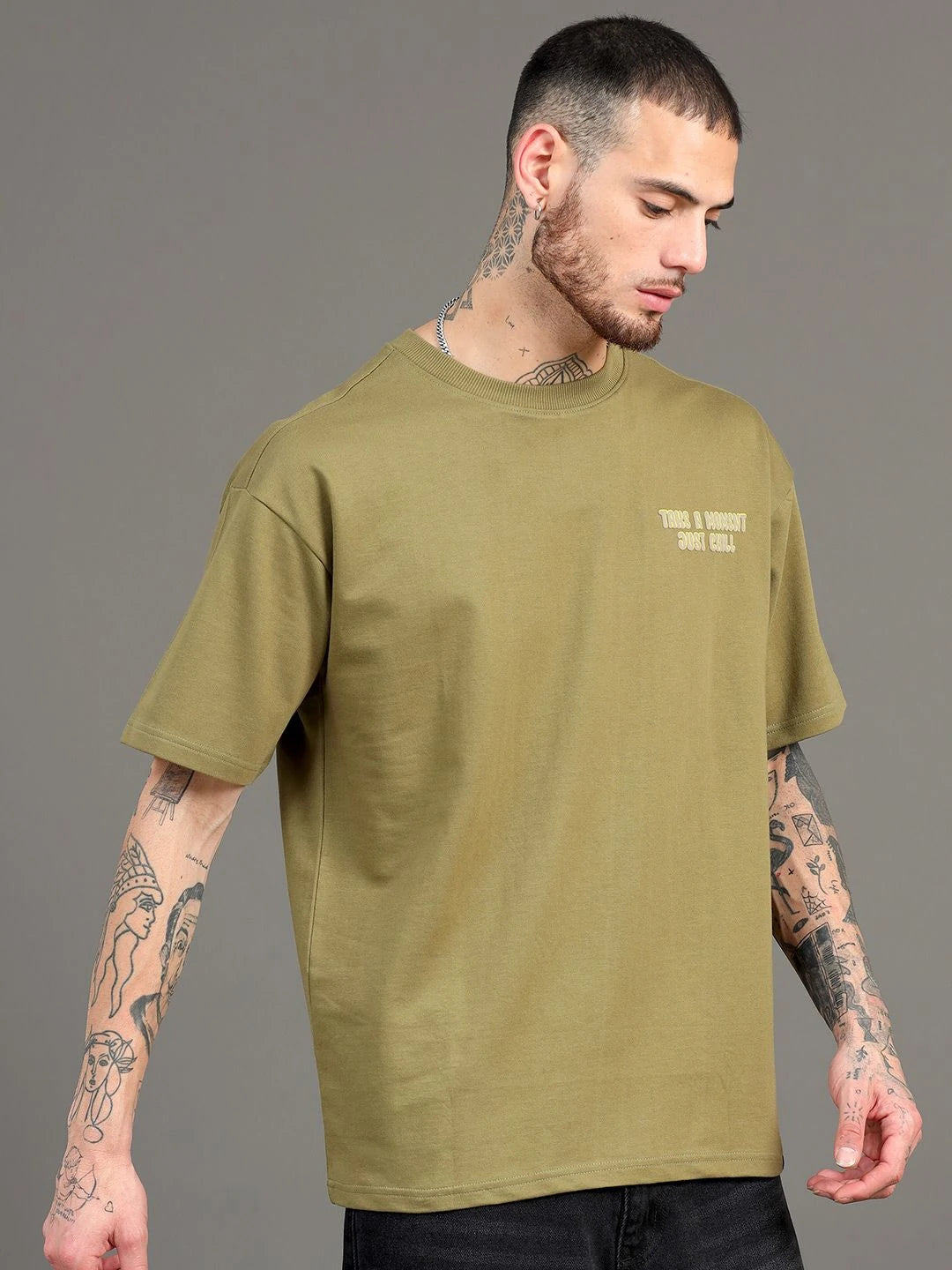 Silisoul Olive Oversized Fit Graphic Print Pure Cotton T-Shirt