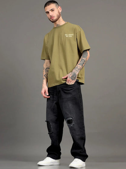 Silisoul Olive Oversized Fit Graphic Print Pure Cotton T-Shirt