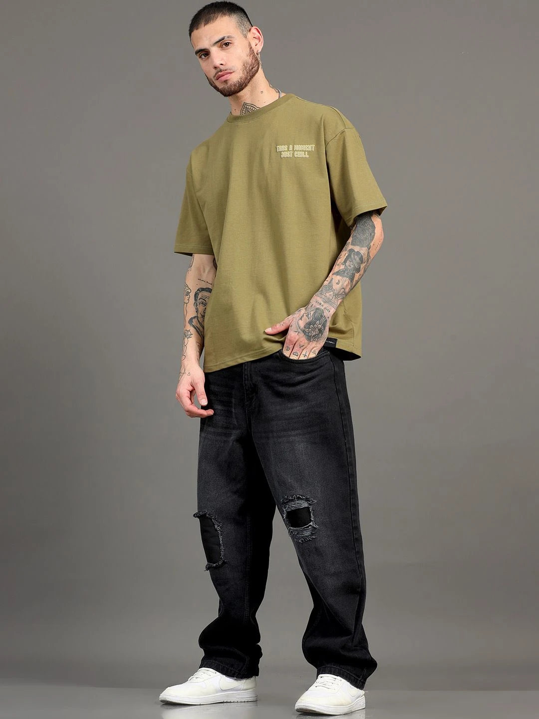 Silisoul Olive Oversized Fit Graphic Print Pure Cotton T-Shirt