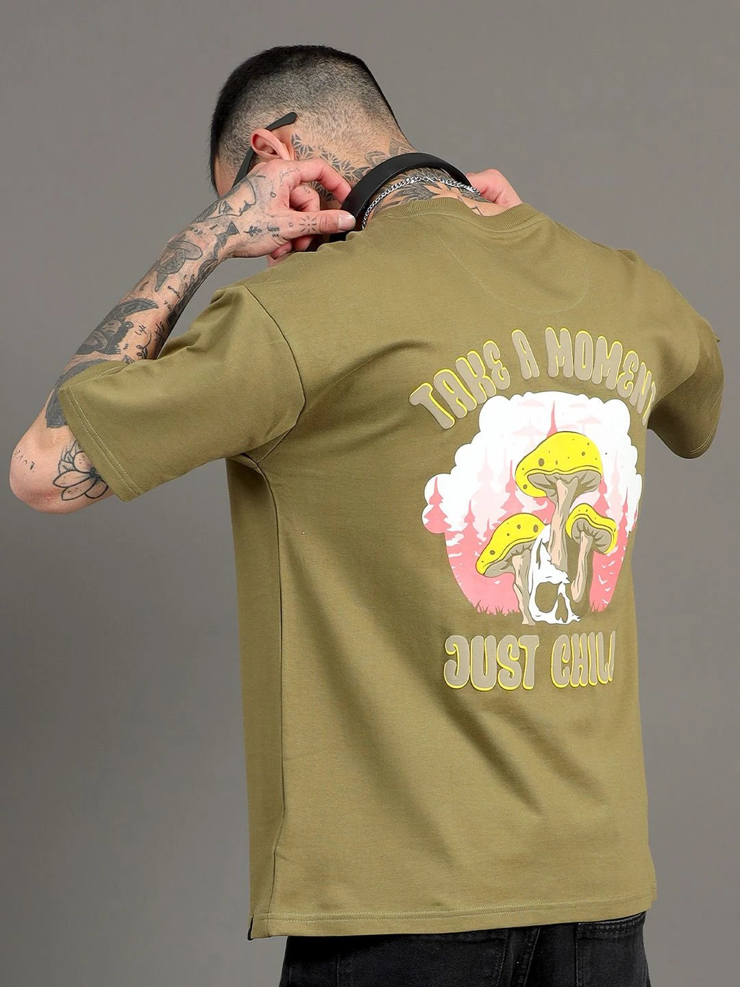 Silisoul Olive Oversized Fit Graphic Print Pure Cotton T-Shirt