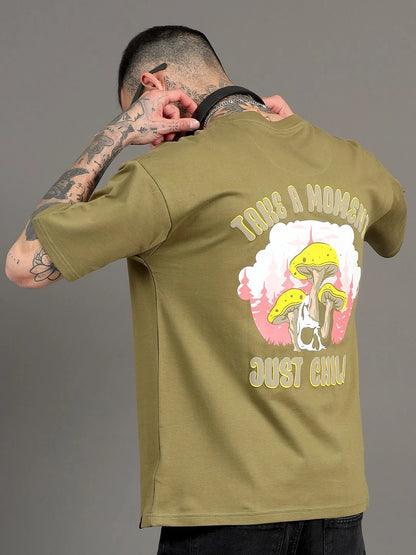 Silisoul Olive Oversized Fit Graphic Print Pure Cotton T-Shirt