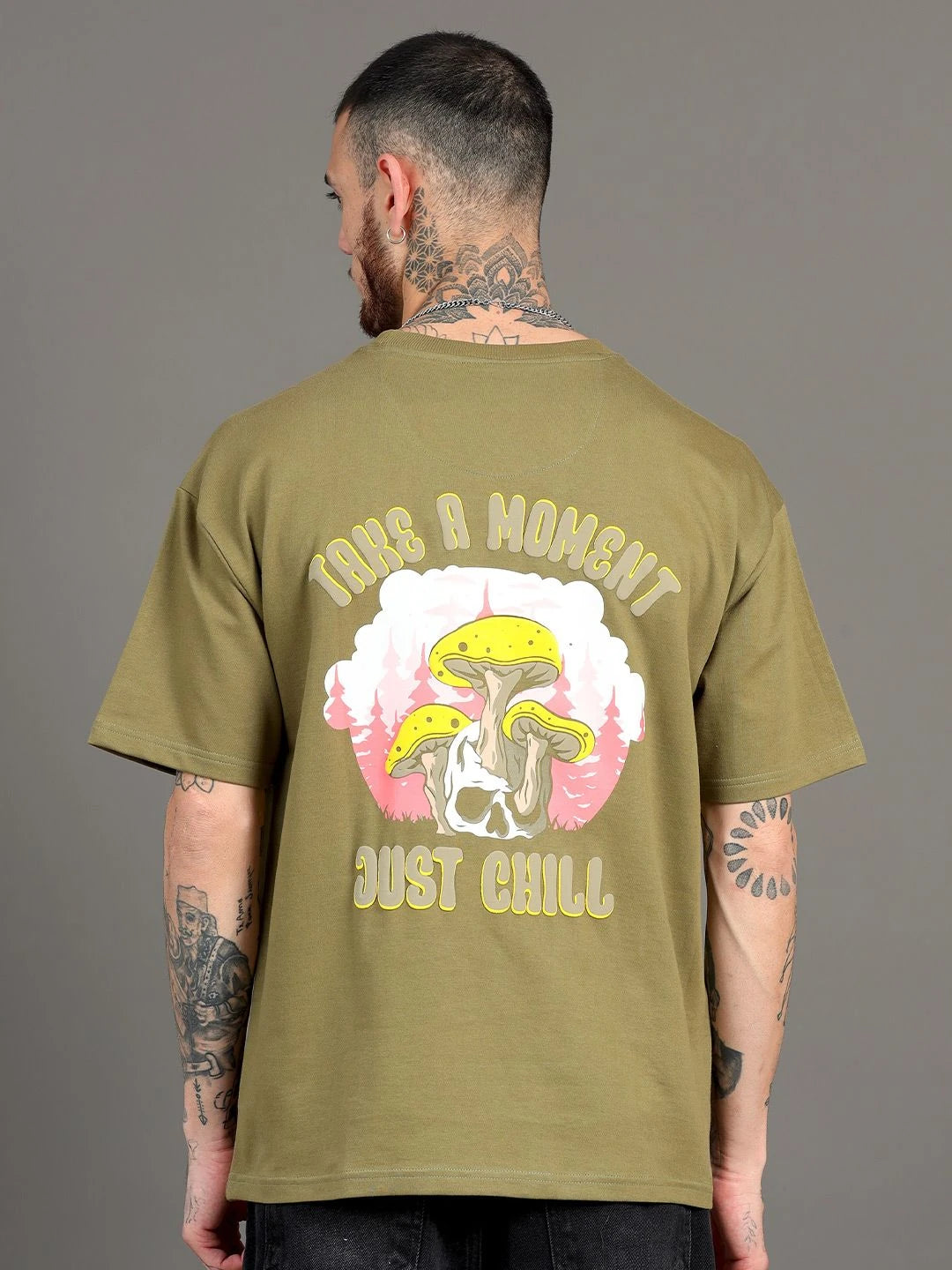 Silisoul Olive Oversized Fit Graphic Print Pure Cotton T-Shirt