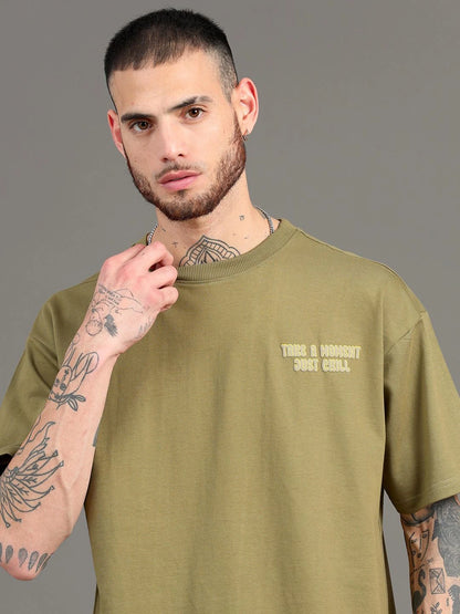 Silisoul Olive Oversized Fit Graphic Print Pure Cotton T-Shirt