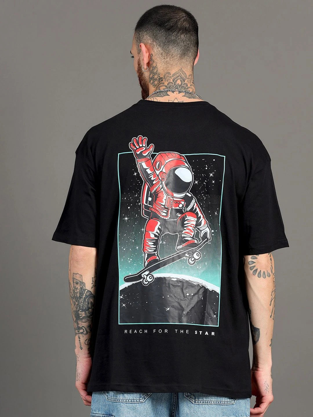 Silisoul Black Oversized Fit Graphic Print Cotton T-Shirt