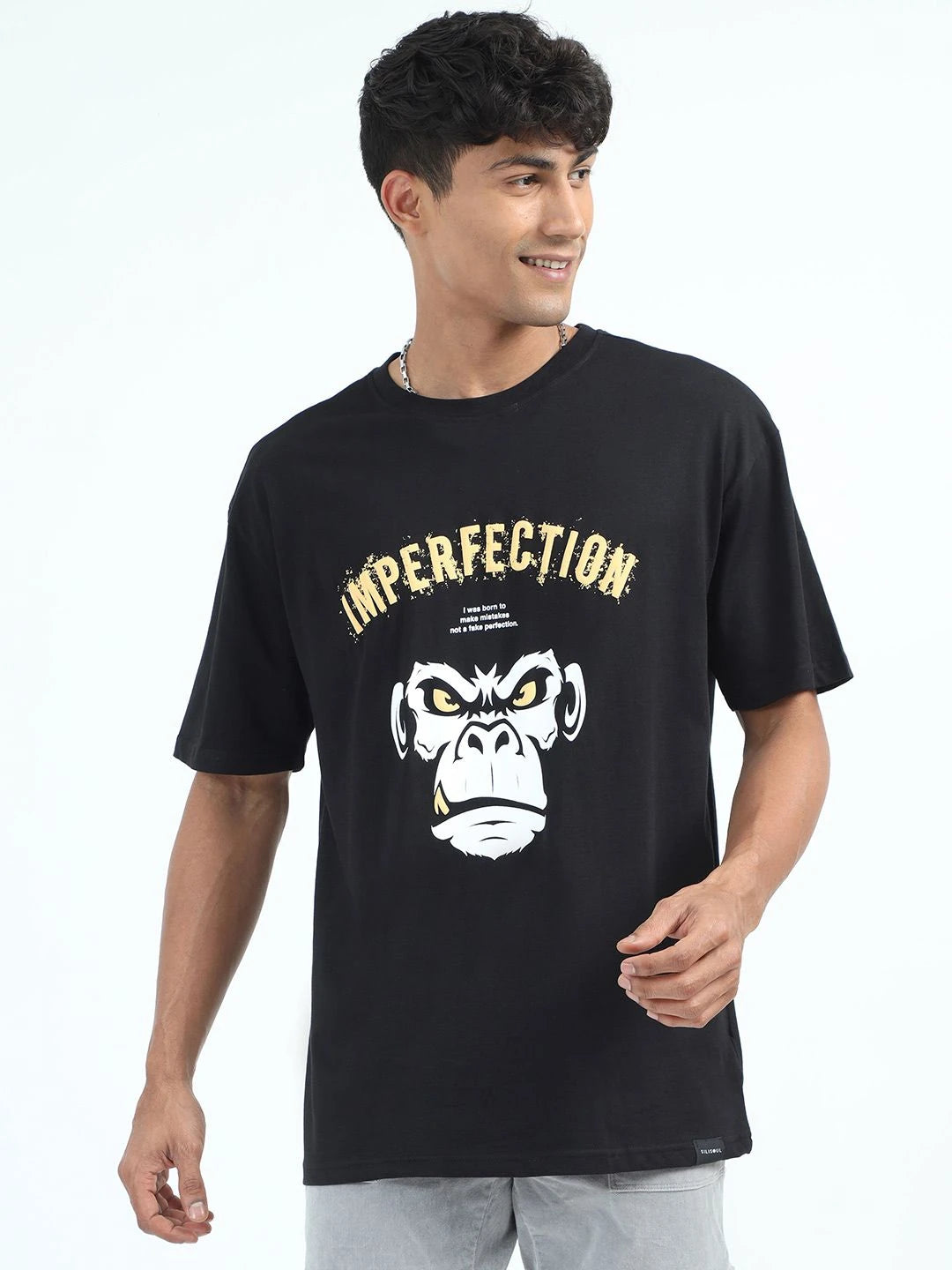 Silisoul Black Oversized Fit Graphic Print Pure Cotton Short Sleeves T-Shirt