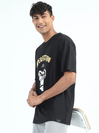Silisoul Black Oversized Fit Graphic Print Pure Cotton Short Sleeves T-Shirt