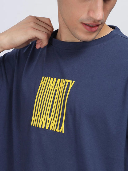Silisoul Navy Blue Oversized Fit Humour and Comic Print T-Shirt