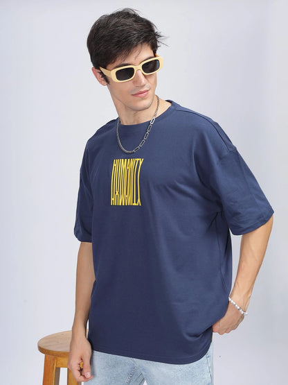Silisoul Navy Blue Oversized Fit Humour and Comic Print T-Shirt