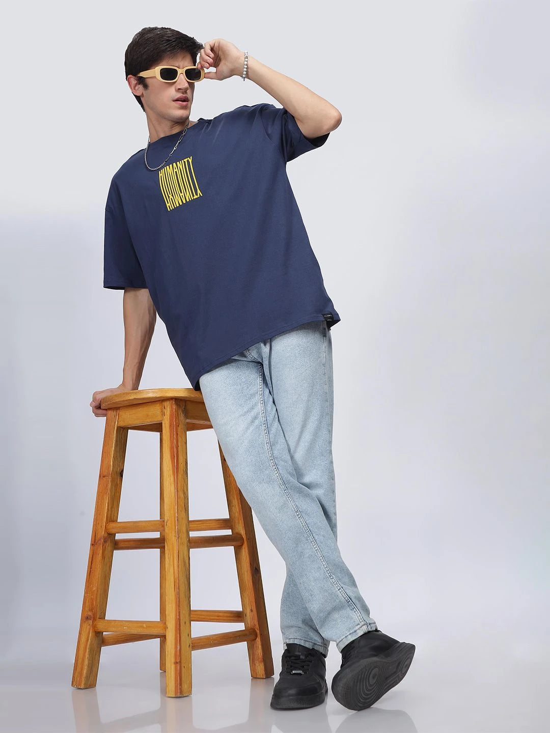 Silisoul Navy Blue Oversized Fit Humour and Comic Print T-Shirt