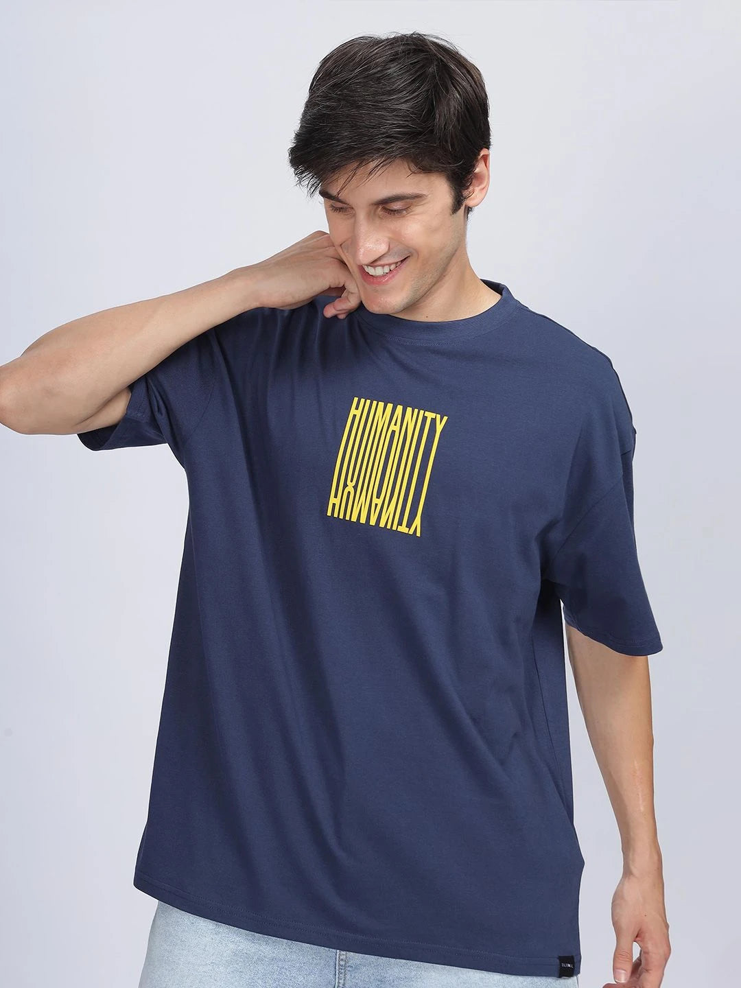 Silisoul Navy Blue Oversized Fit Humour and Comic Print T-Shirt