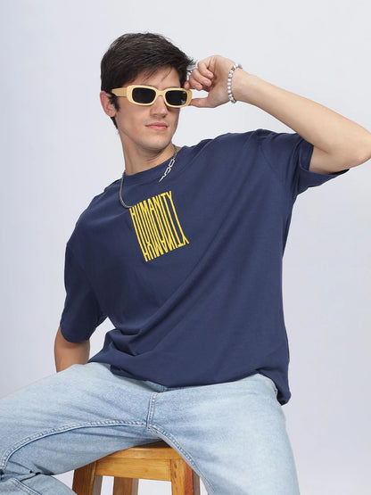 Silisoul Navy Blue Oversized Fit Humour and Comic Print T-Shirt
