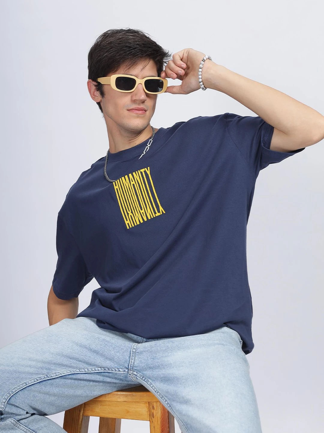 Silisoul Navy Blue Oversized Fit Humour and Comic Print T-Shirt