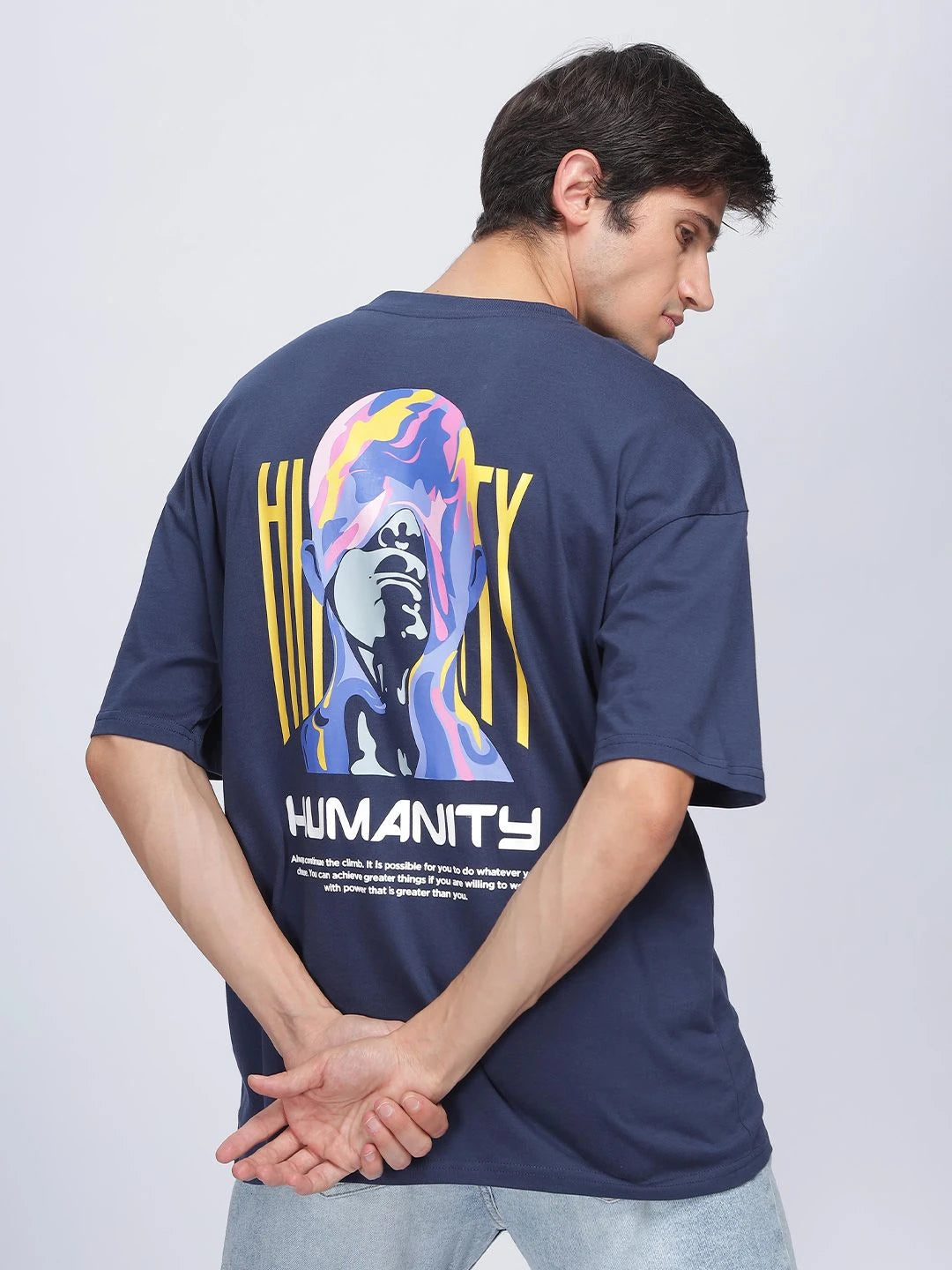 Silisoul Navy Blue Oversized Fit Humour and Comic Print T-Shirt