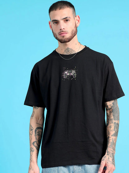 Silisoul Black Oversized Fit Typography Print Pure Cotton T-Shirt