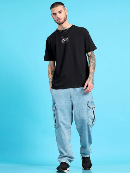 Silisoul Black Oversized Fit Typography Print Pure Cotton T-Shirt