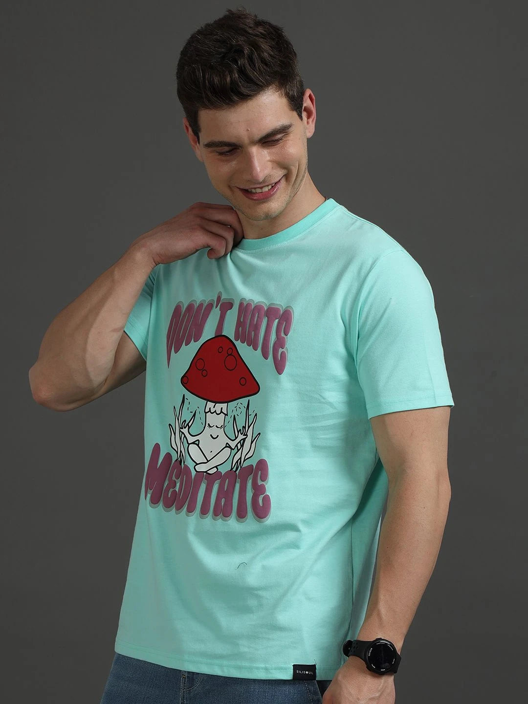 Silisoul Sea Green Regular Fit Graphic Print Pure Cotton T-Shirt