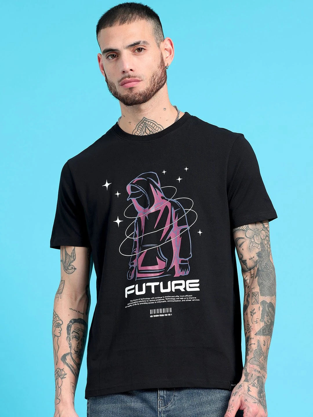 Silisoul Black Regular Fit Graphic Print Cotton T-Shirt