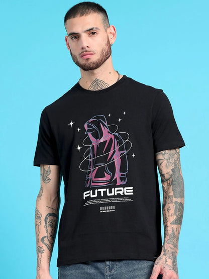 Silisoul Black Regular Fit Graphic Print Cotton T-Shirt
